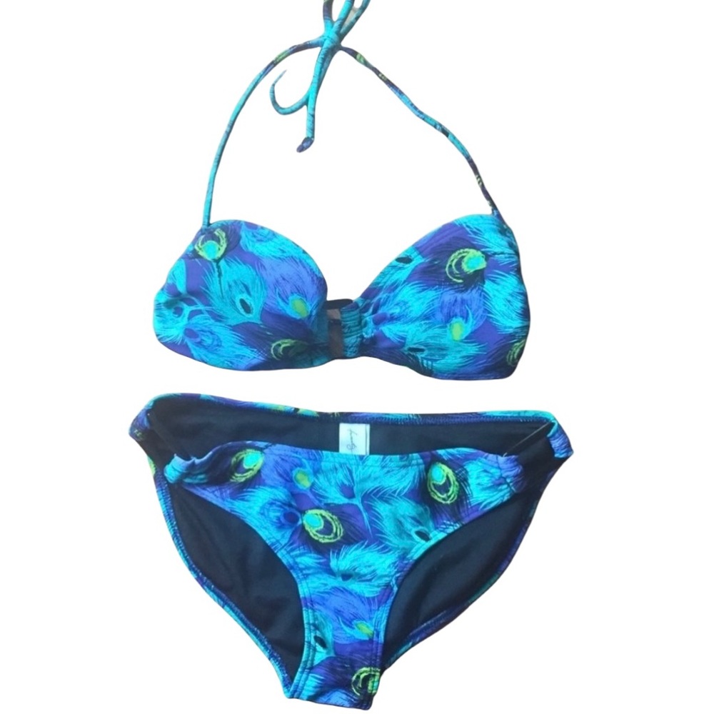 Peacock Feather Swim Suit Bikini Set Halter Top
